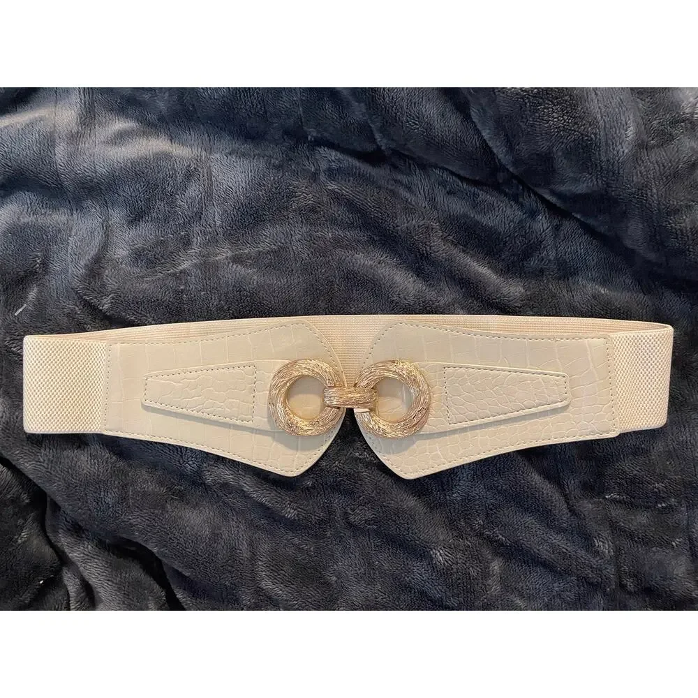 Faux Leather Obi Style Stretch Belt 1X Cream Gold Buckle